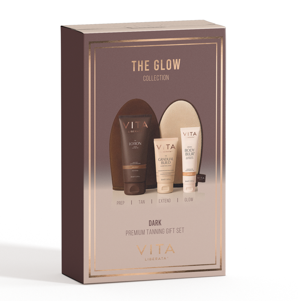 Vita Liberata The Glow' tanning set packaging on a white background