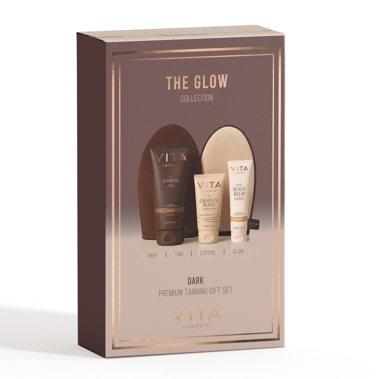 Vita Liberata The Glow' tanning set packaging on a white background