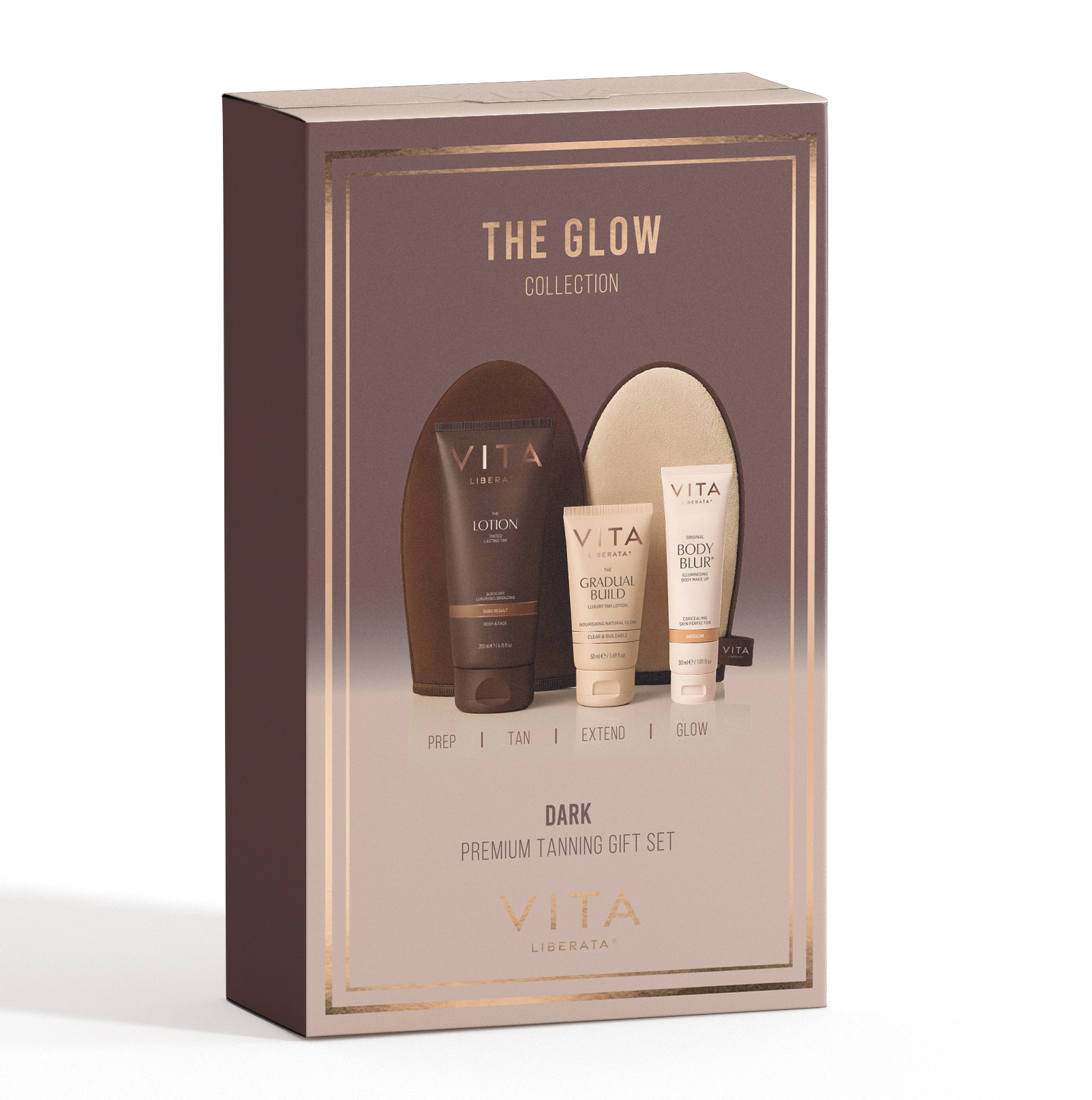 Vita Liberata The Glow' tanning set packaging on a white background