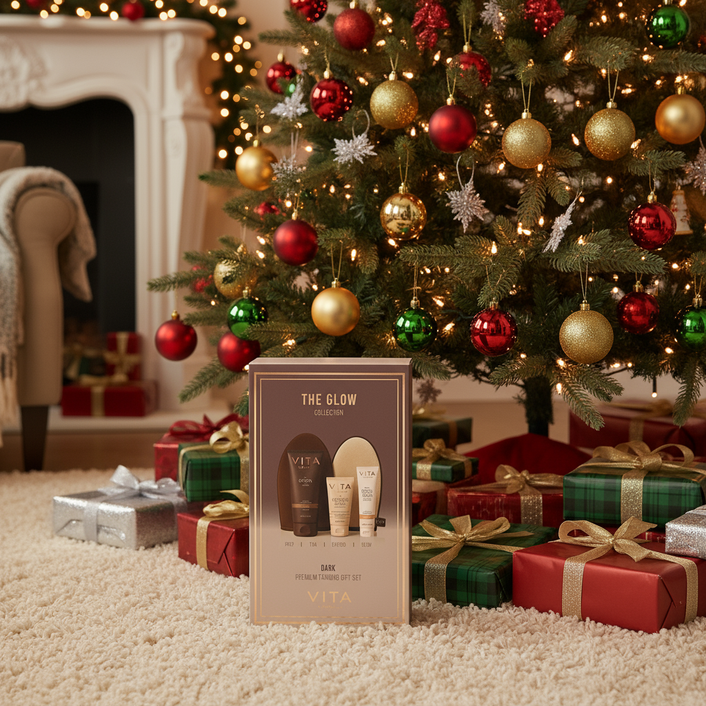 Vita skincare product box in front of a decorated Christmas tree with presents.