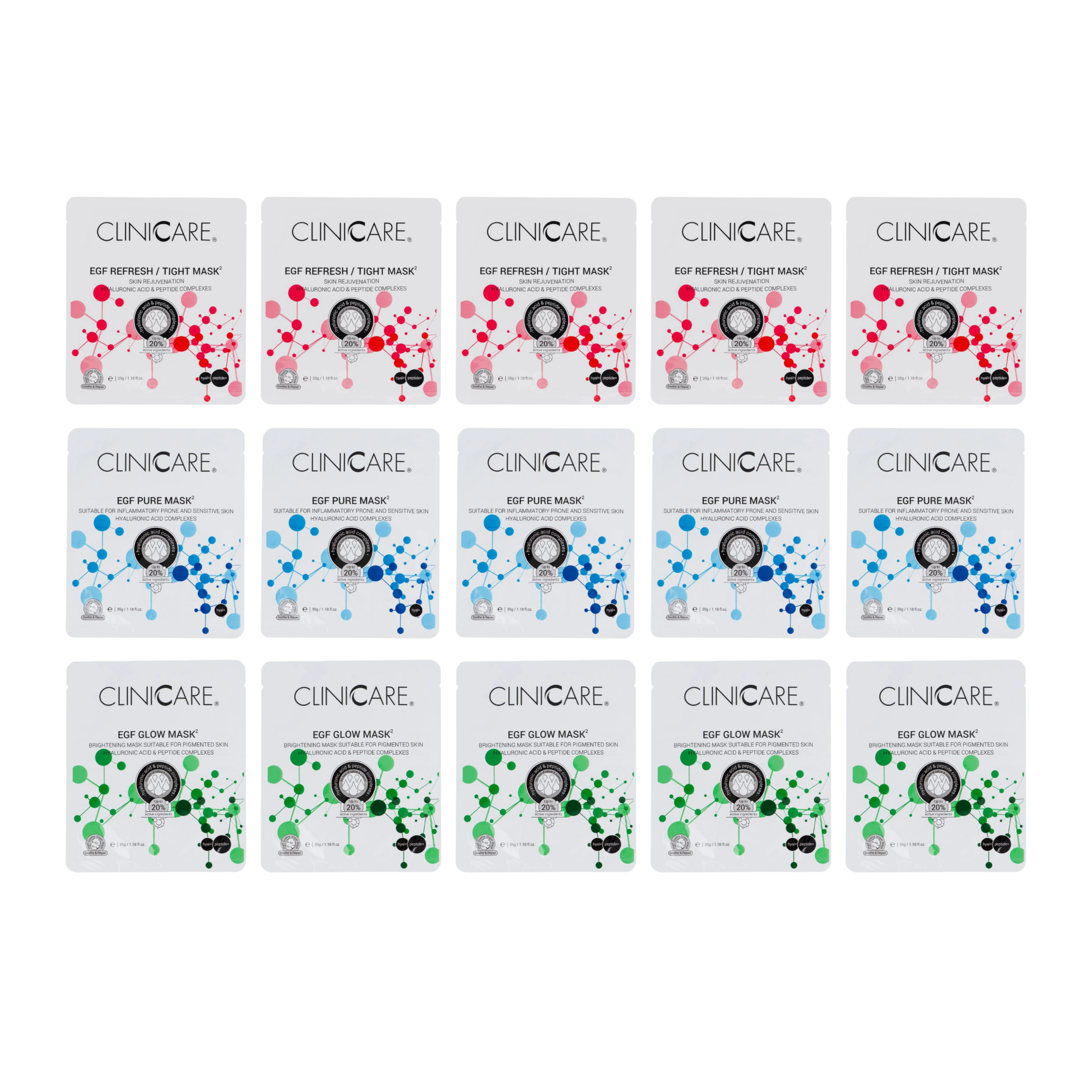 Cliniccare Ultimate Sheet Mask , 5x Glow, 5x Refresh, 5x Pure Bundle