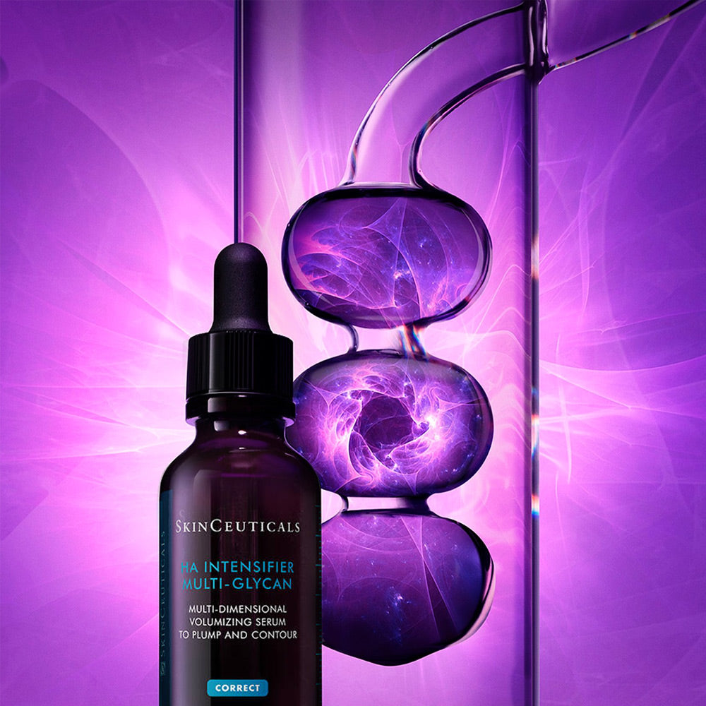 Skinceuticals serum bottle with dropper on a purple background