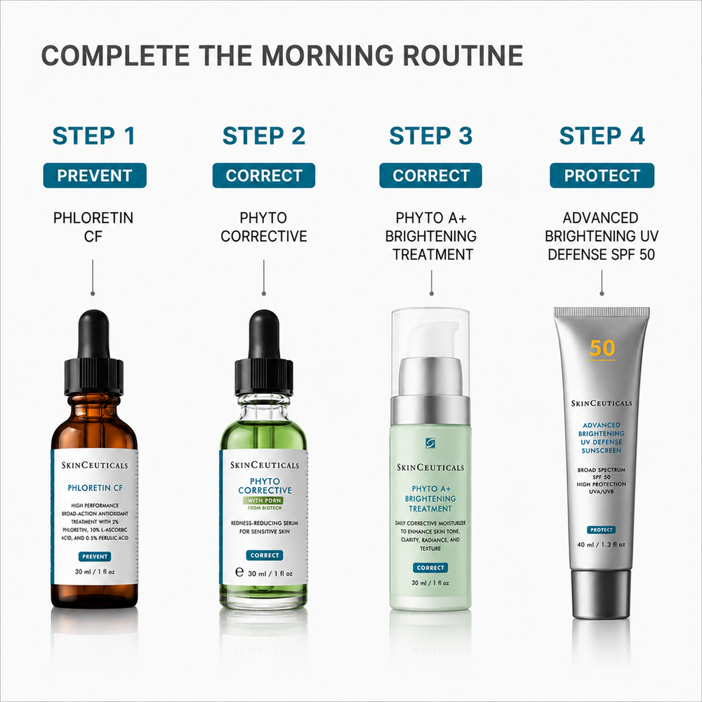 A skincare routine infographic showing four SkinCeuticals products labeled Step 1 to Step 4: Phloretin CF, Phyto Corrective, Phyto+B Brightening Treatment, and Advanced Brightening UV Defense SPF 50. The image includes product names, teal step labels, arrows, and a clean white background.