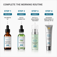 A skincare routine infographic showing four SkinCeuticals products labeled Step 1 to Step 4: Phloretin CF, Phyto Corrective, Phyto+B Brightening Treatment, and Advanced Brightening UV Defense SPF 50. The image includes product names, teal step labels, arrows, and a clean white background.