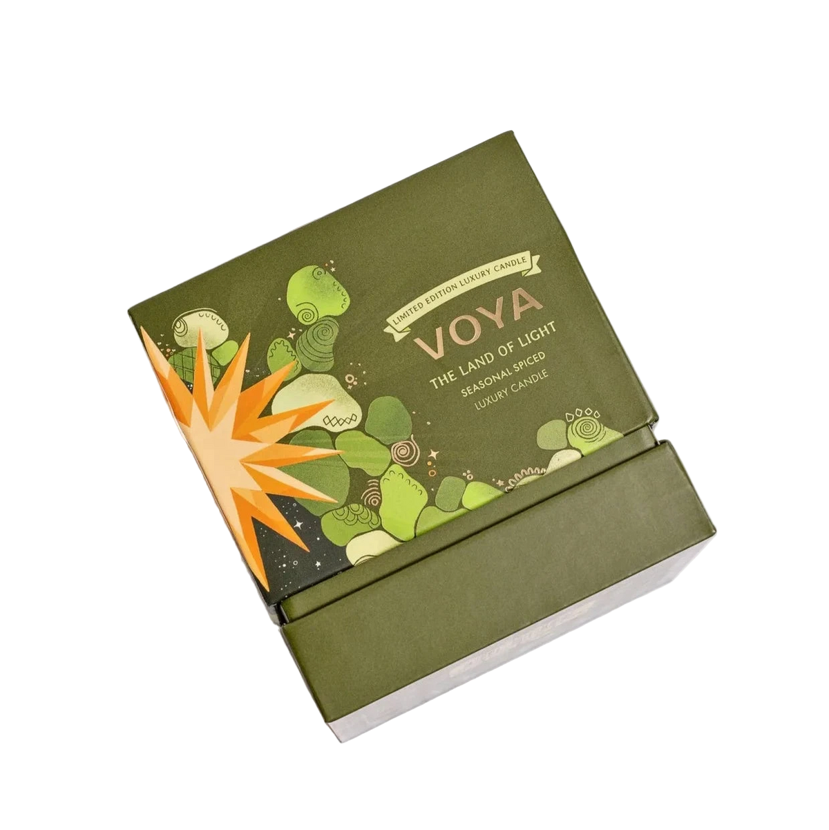 Green VOYA The Land of Light Christmas candle box with 'Voya' branding on a white background