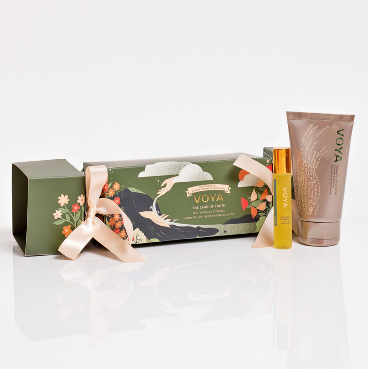 VOYA Land of Youth Hand & Aromatherapy Duo gift set cracker with Handy to Have Reparative Hand Lotion (10ml) and Zest Aromatic Rollerball (10ml)