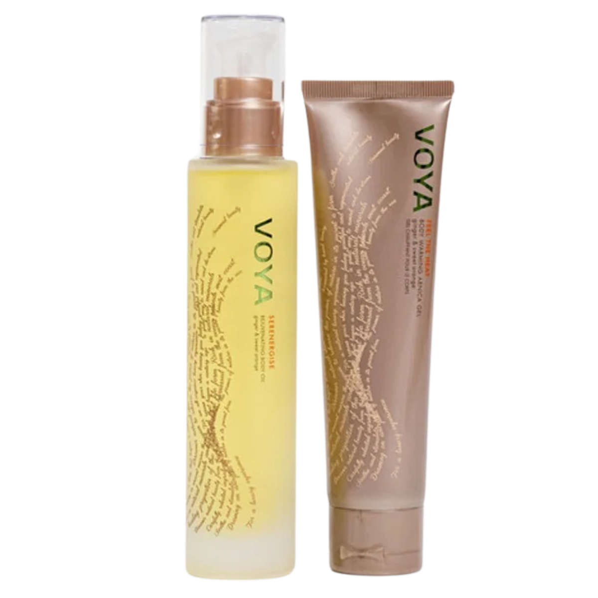 VOYA Land of Resilience Bodycare Recovery Duo, Feel the Heat Body Warming Gel (100ml), Serenergise Rejuvenating Body Oil (100ml)