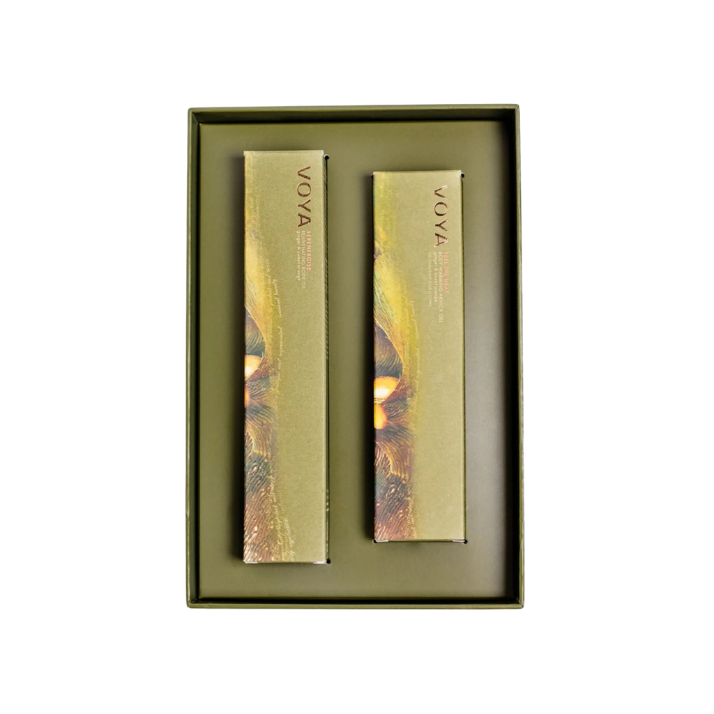 VOYA Land of Resilience Bodycare Recovery Duo, Feel the Heat Body Warming Gel (100ml), Serenergise Rejuvenating Body Oil (100ml) in box
