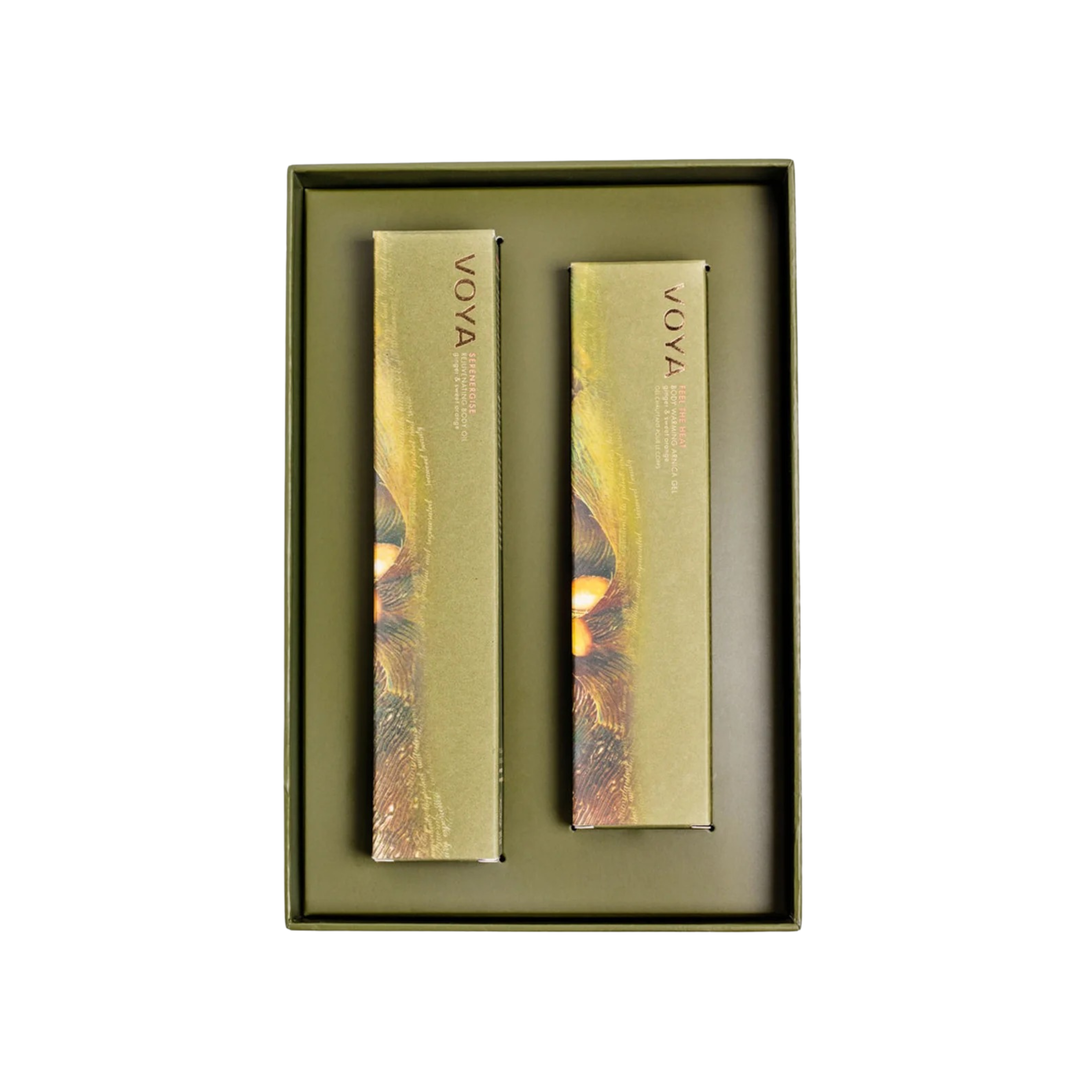 VOYA Land of Resilience Bodycare Recovery Duo, Feel the Heat Body Warming Gel (100ml), Serenergise Rejuvenating Body Oil (100ml) in box