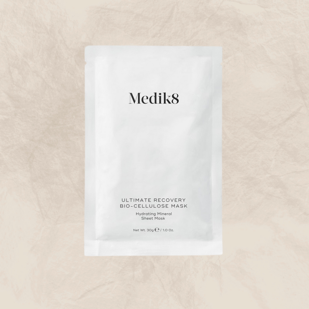 Medik8 ultimate recovery io-cellulose sheet mask, foil sachet packaging, Visibly restore dry, irritated or post-treatment skin with this intensely hydrating mineral sheet mask