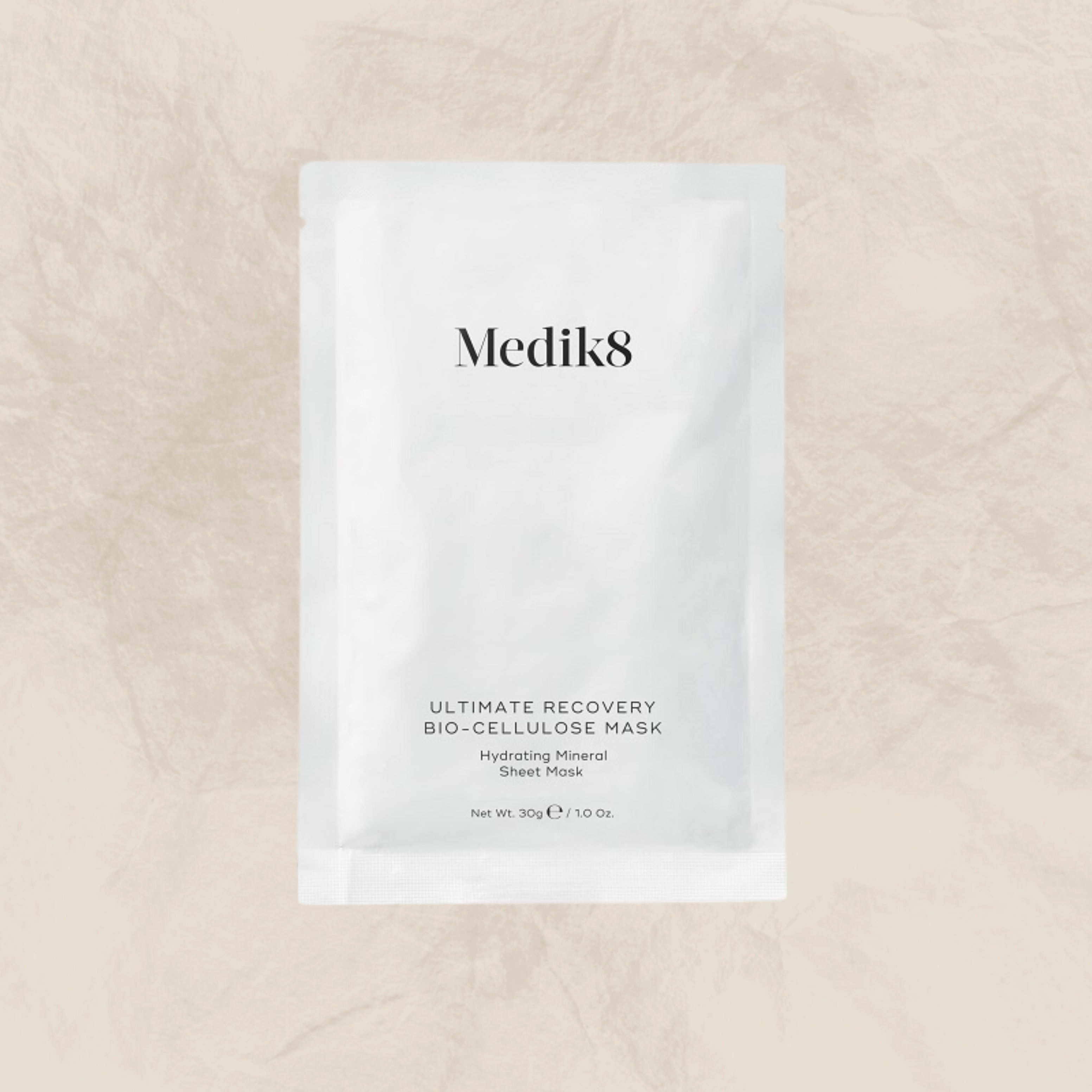 Medik8 ultimate recovery io-cellulose sheet mask, foil sachet packaging, Visibly restore dry, irritated or post-treatment skin with this intensely hydrating mineral sheet mask