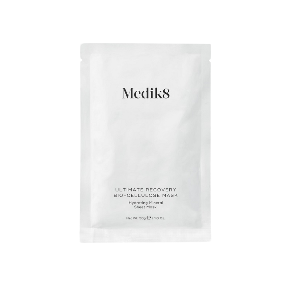 Medik8 ultimate recovery io-cellulose sheet mask, foil sachet packaging, Visibly restore dry, irritated or post-treatment skin with this intensely hydrating mineral sheet mask