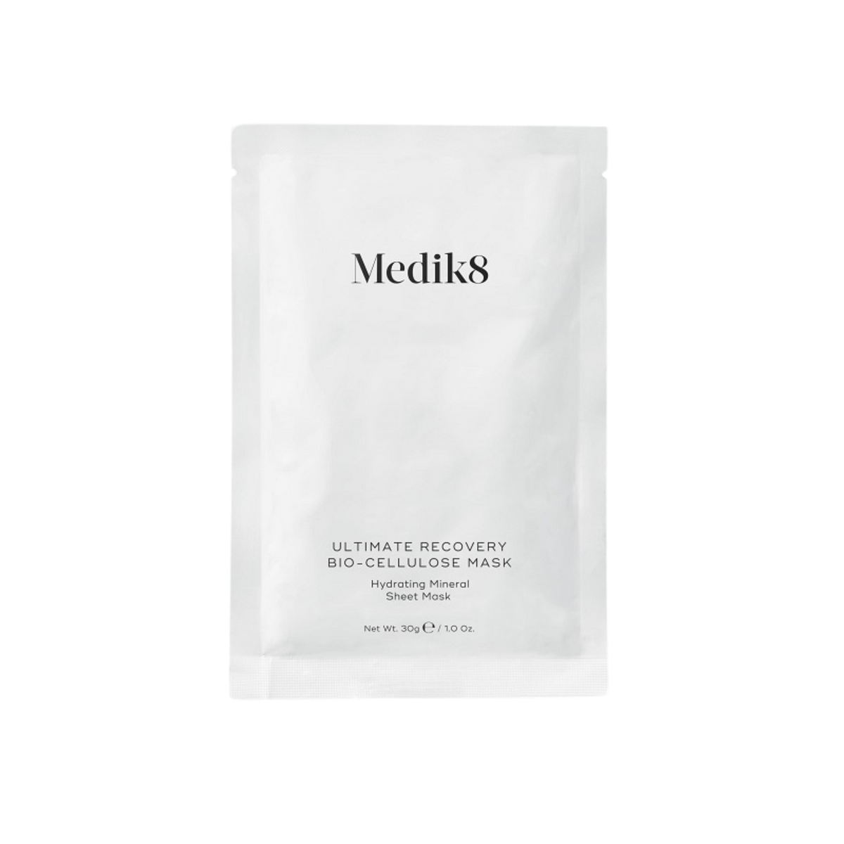 Medik8 ultimate recovery io-cellulose sheet mask, foil sachet packaging, Visibly restore dry, irritated or post-treatment skin with this intensely hydrating mineral sheet mask