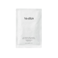 Medik8 ultimate recovery io-cellulose sheet mask, foil sachet packaging, Visibly restore dry, irritated or post-treatment skin with this intensely hydrating mineral sheet mask