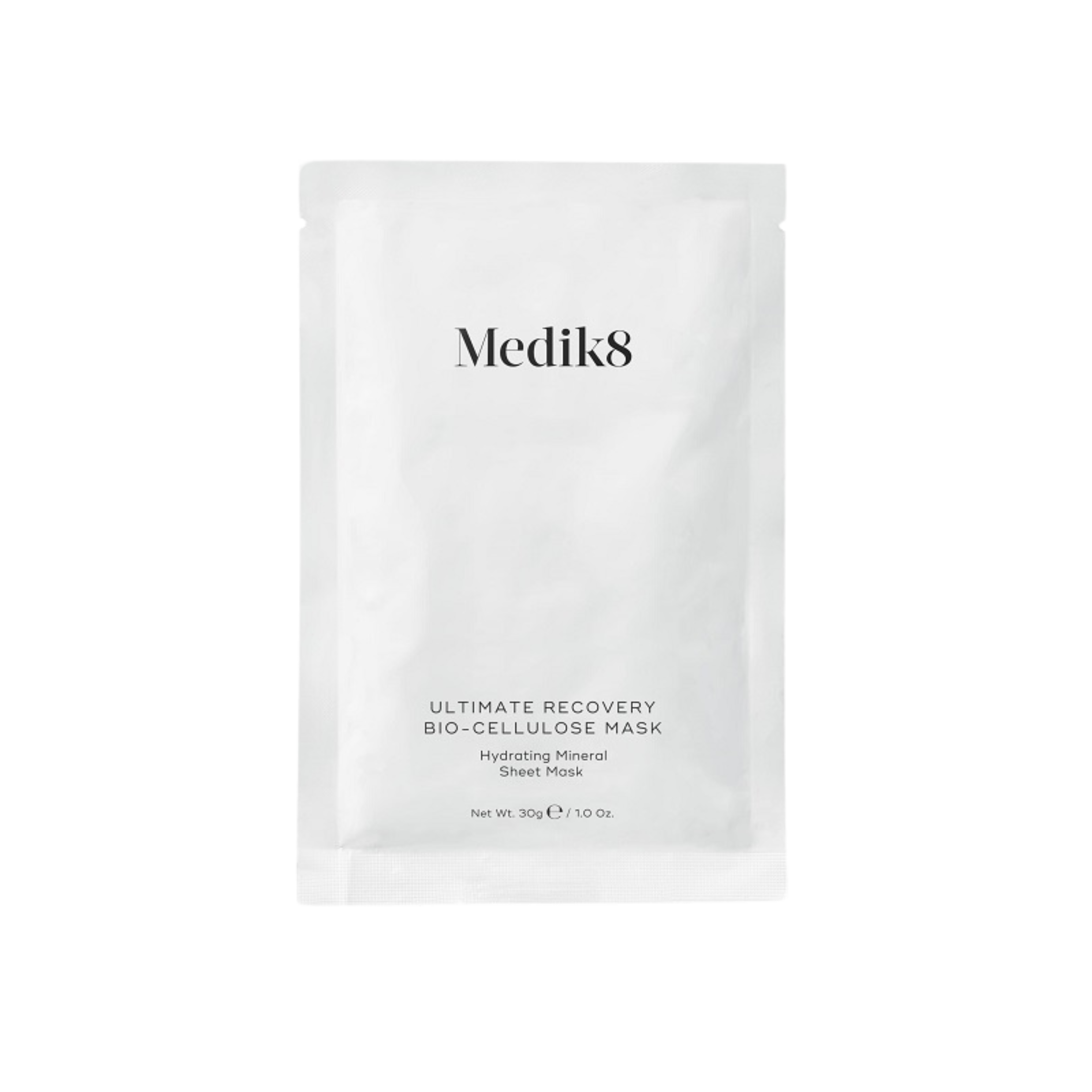 Medik8 ultimate recovery io-cellulose sheet mask, foil sachet packaging, Visibly restore dry, irritated or post-treatment skin with this intensely hydrating mineral sheet mask
