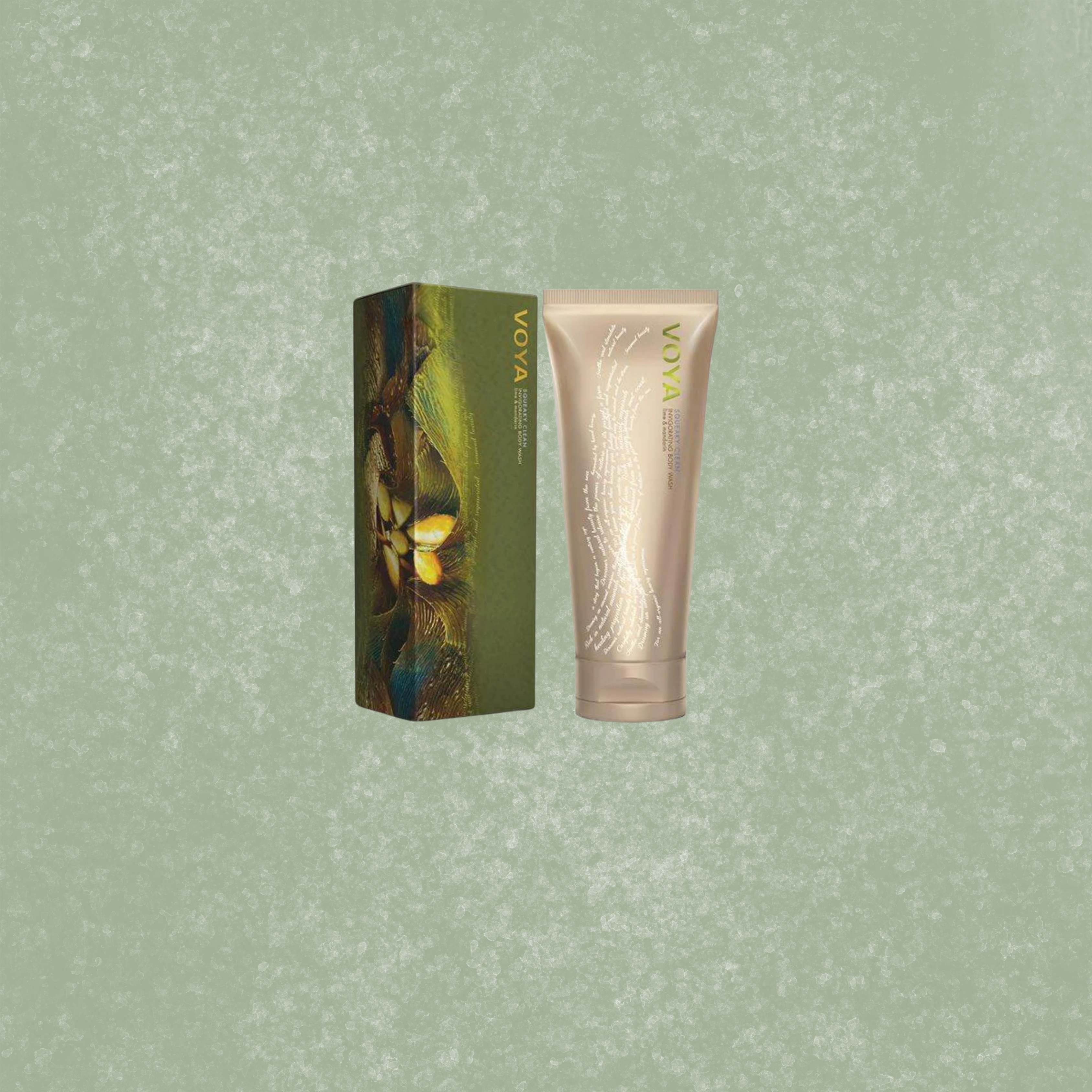 Voya Squeaky Clean shower and bath gel tube body wash and box on a textured green background