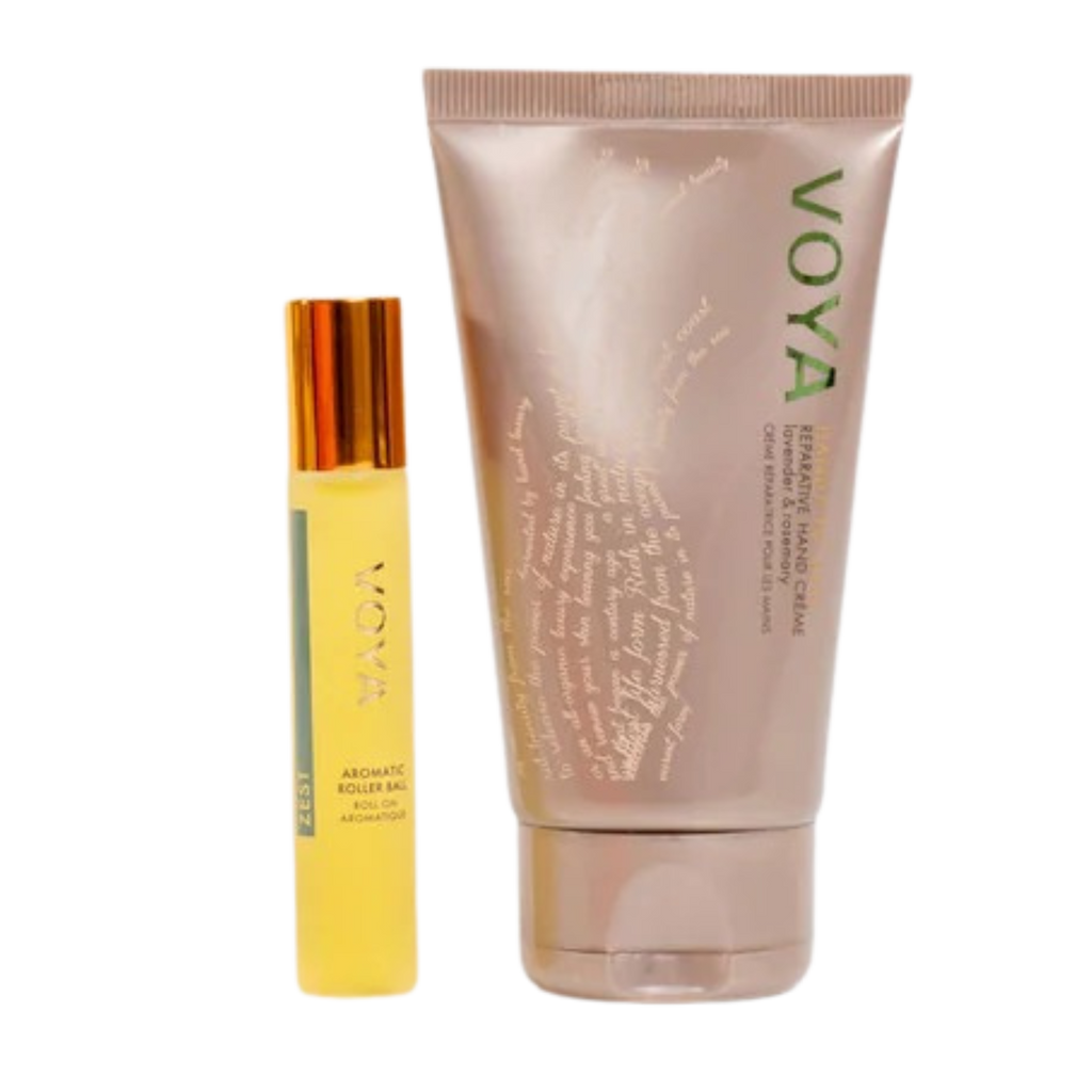 VOYA Land of Youth Hand & Aromatherapy Duo gift set cracker with Handy to Have Reparative Hand Lotion (10ml) and Zest Aromatic Rollerball (10ml)