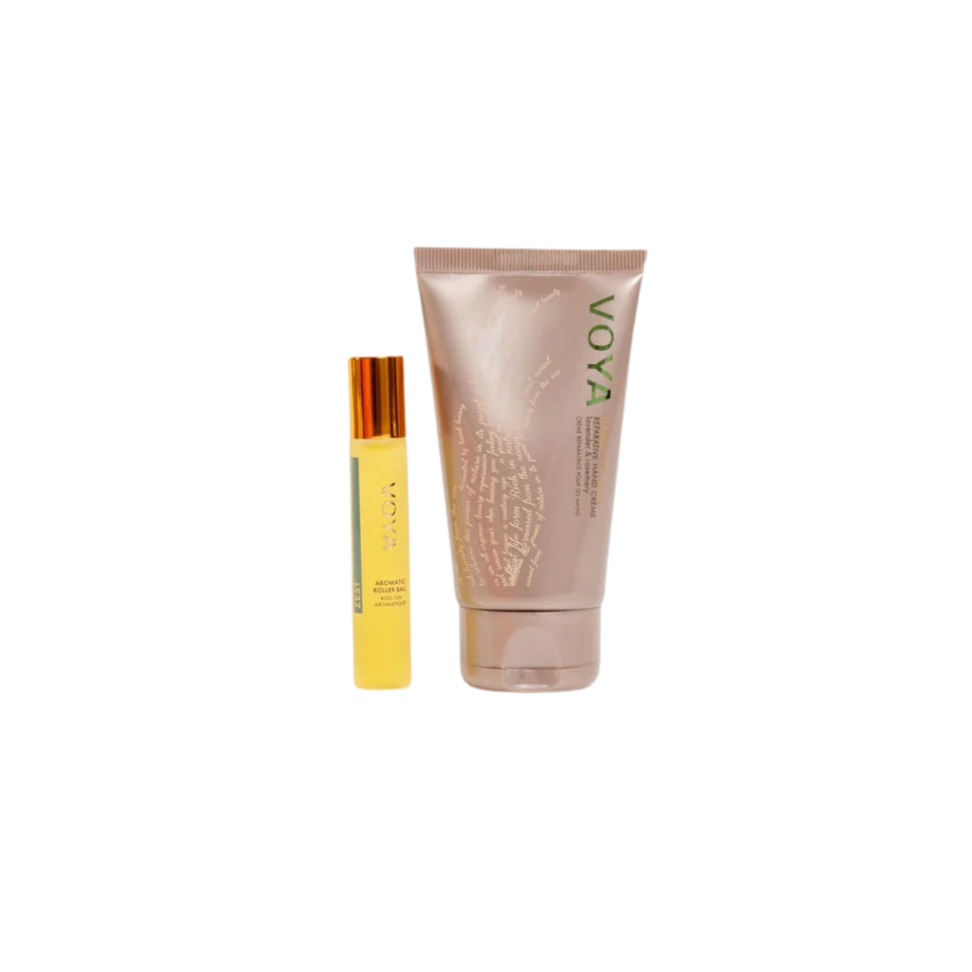 VOYA Land of Youth Hand & Aromatherapy Duo gift set cracker with Handy to Have Reparative Hand Lotion (10ml) and Zest Aromatic Rollerball (10ml)