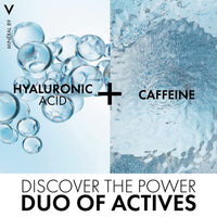 Advertisement for Vichy Minéral 89 Eyes 15 ml featuring hyaluronic acid and caffeine with close-up images of water droplets.