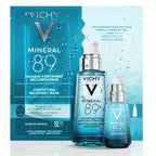 Vichy Mineral 89 skincare products including a mask and daily booster on a light blue background.
