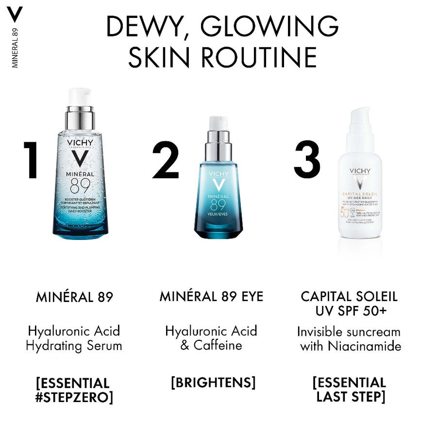 Vichy mineral 89 skincare products with step-by-step routine on a white background