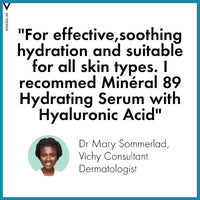 Advertisement for Minéral 89 Hydrating Serum with Hyaluronic Acid, featuring a dermatologist's recommendation.