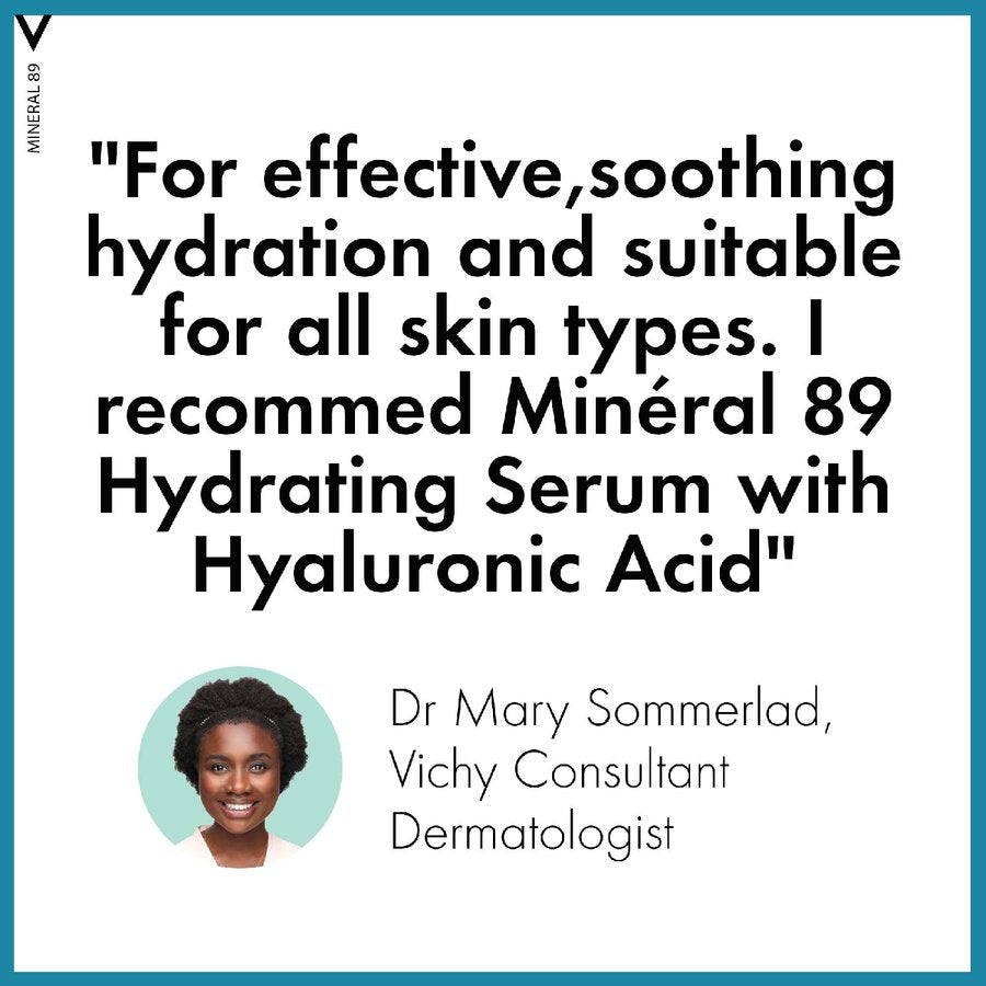 Advertisement for Minéral 89 Hydrating Serum with Hyaluronic Acid, featuring a dermatologist's recommendation.