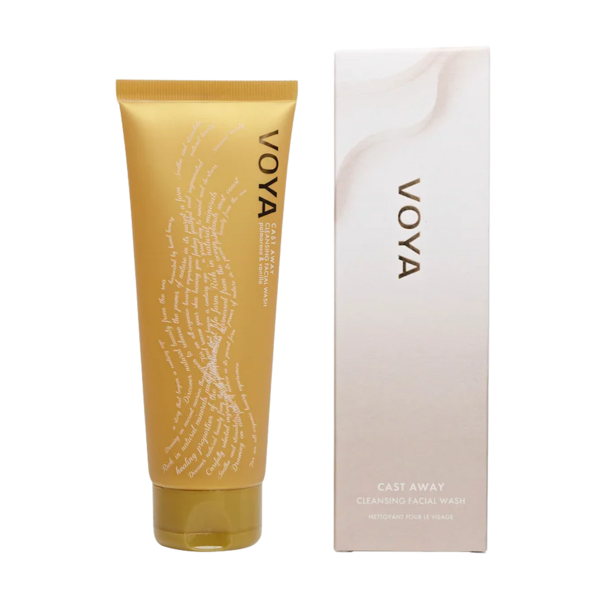Voya body wash castaway tube and packaging on a white background