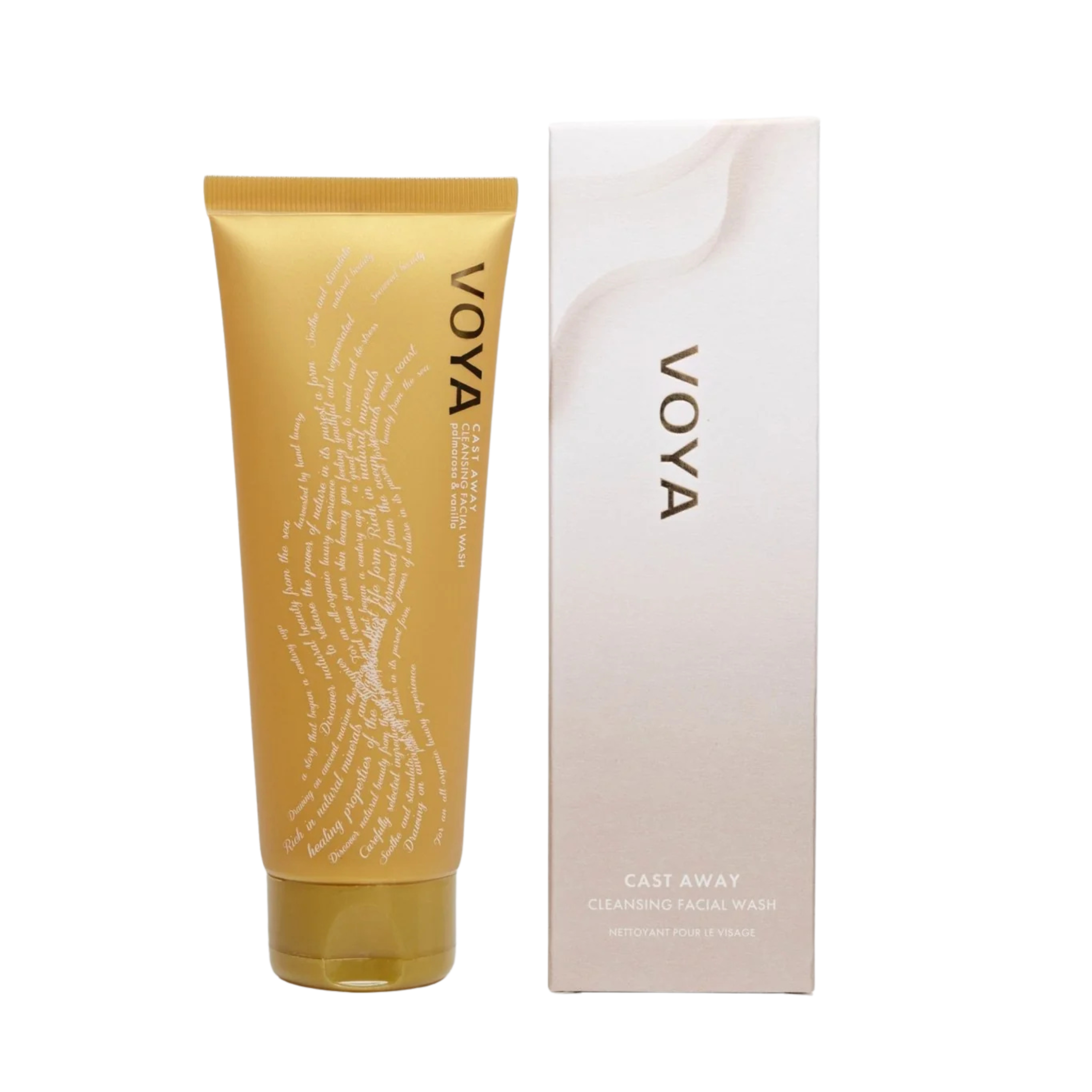 Voya Cast Away Cleansing Facial Wash in gold tube packaging next to its box