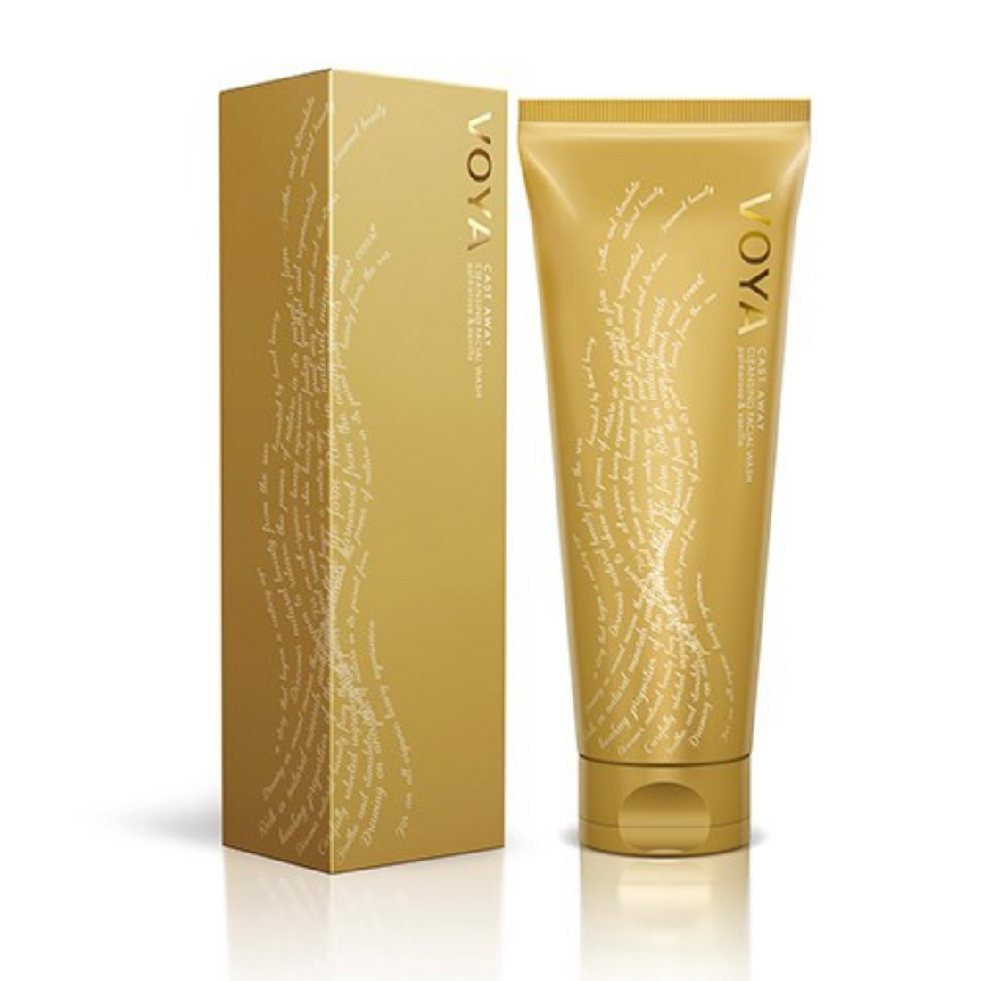 Voya Cast Away Cleansing Facial Wash in gold tube packaging next to its box
