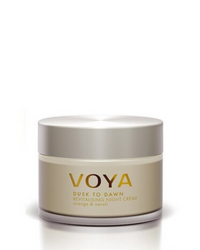 Voya Dusk To Dawn Revitalising Night Cream in glass jar with screw lid and gold embossed logo