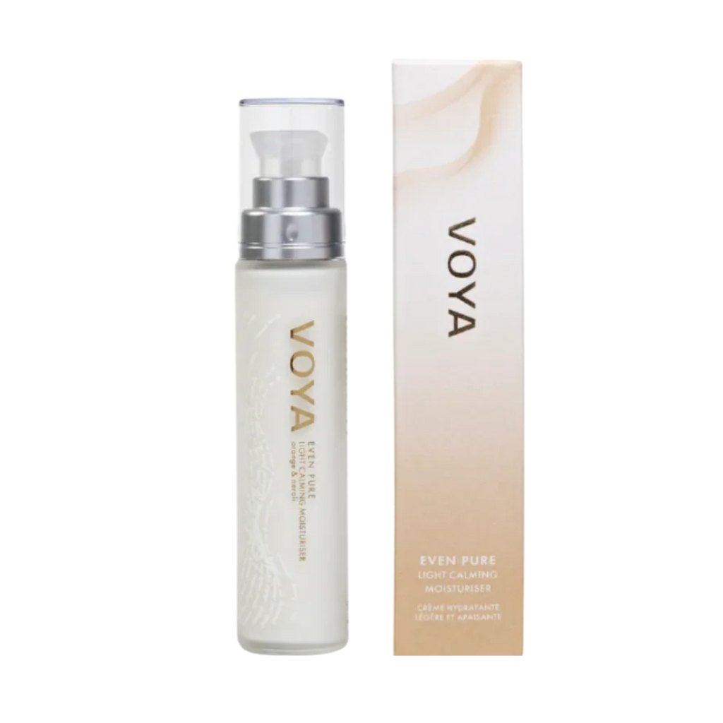 Voya Even Pure Light Calming Moisturiser in glass bottle standing next to its box