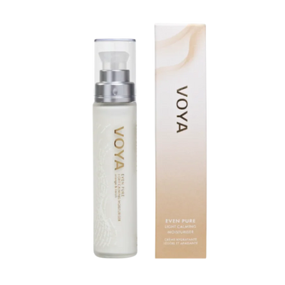 Voya Even Pure Light Calming Moisturiser in glass bottle standing next to its box