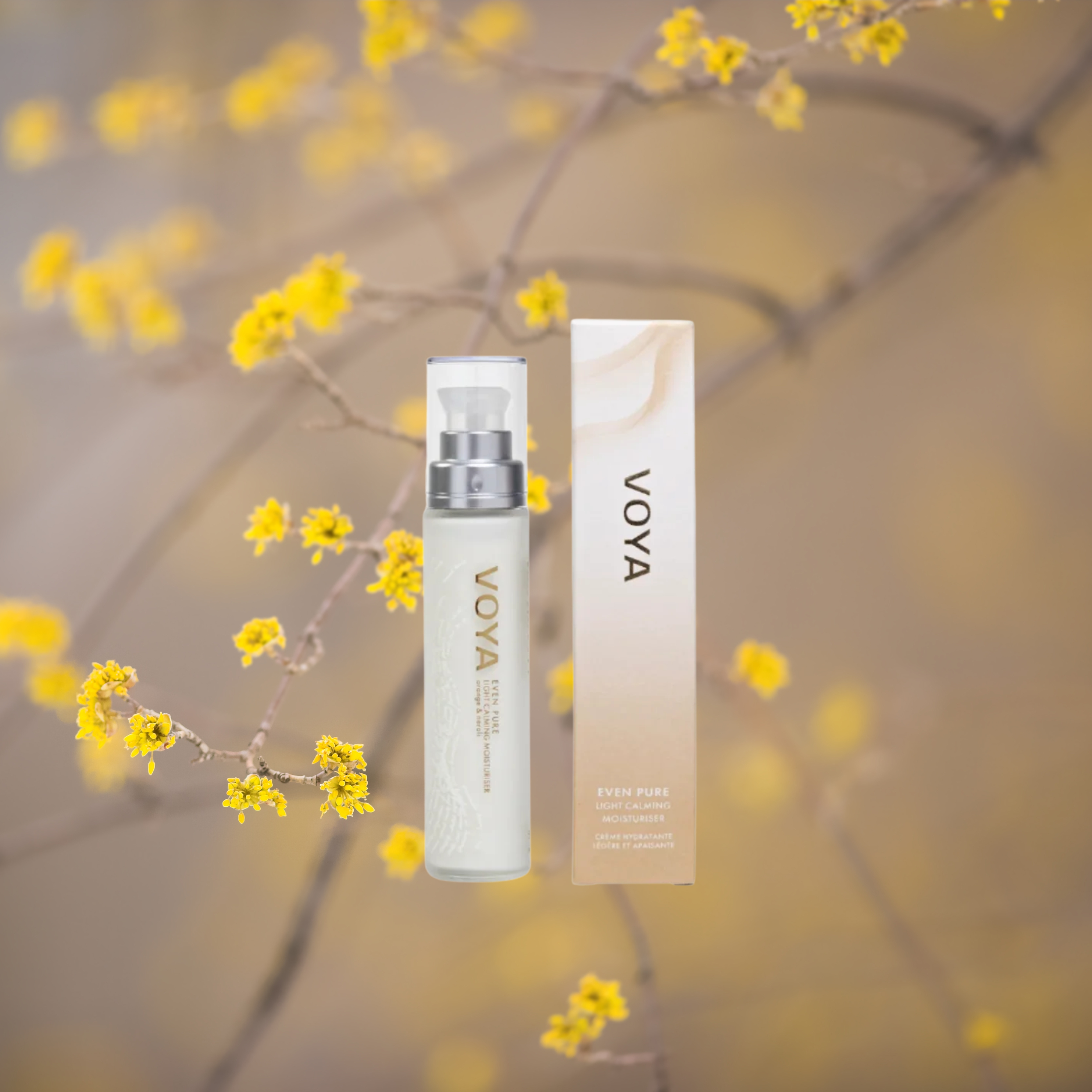 Voya Even Pure Light Calming Moisturiser in glass bottle standing next to its box