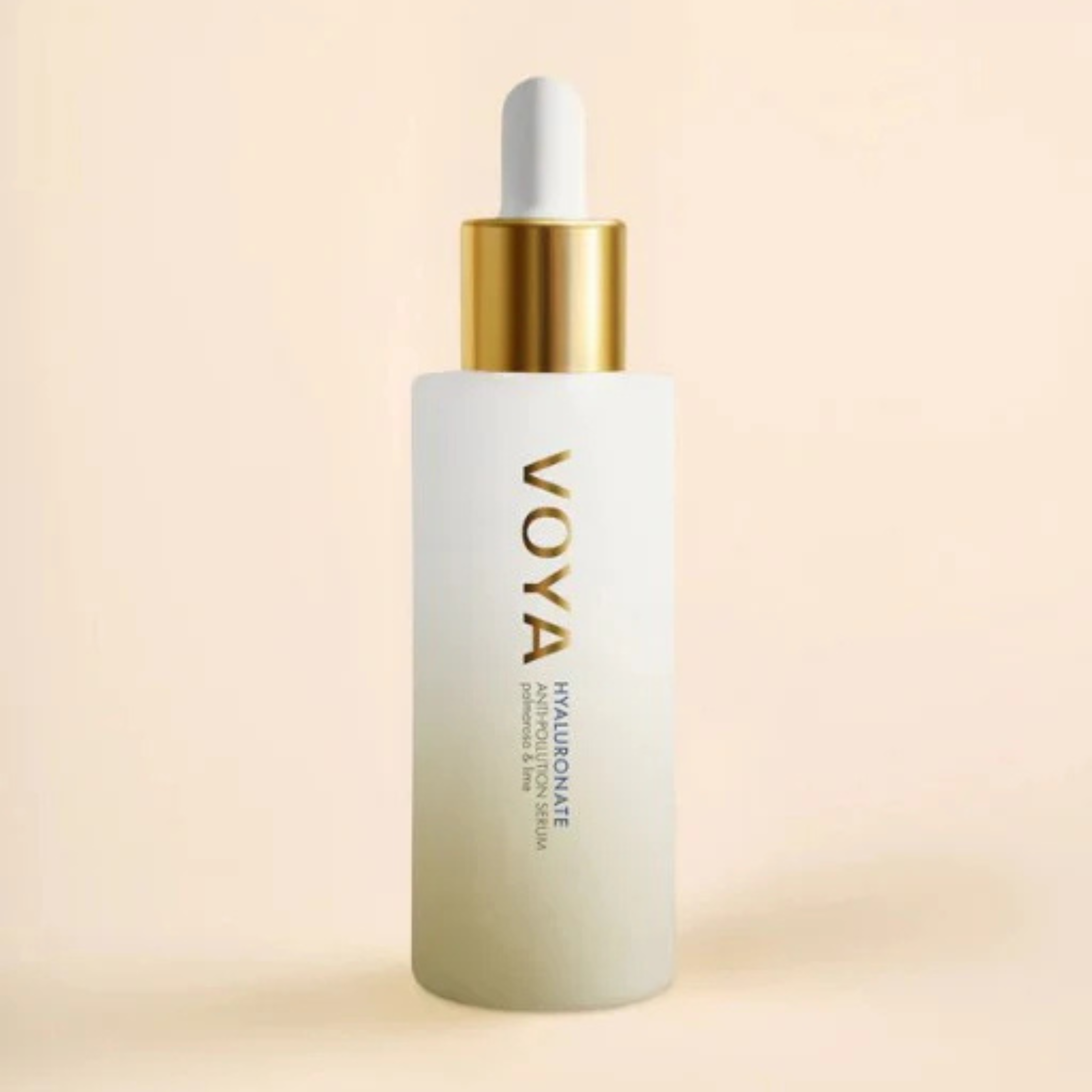 Voya Hyaluronate skincare serum bottle on a beige background