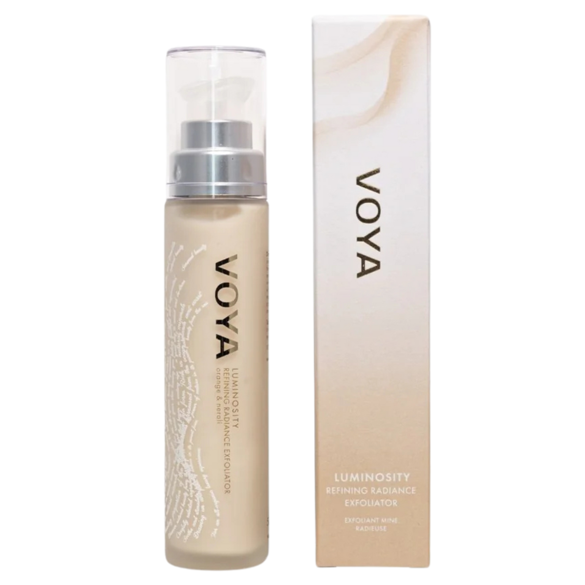 VOYA Luminosity Refining Radiance Exfoliator in glass bottle with pump and clear plastic lid
