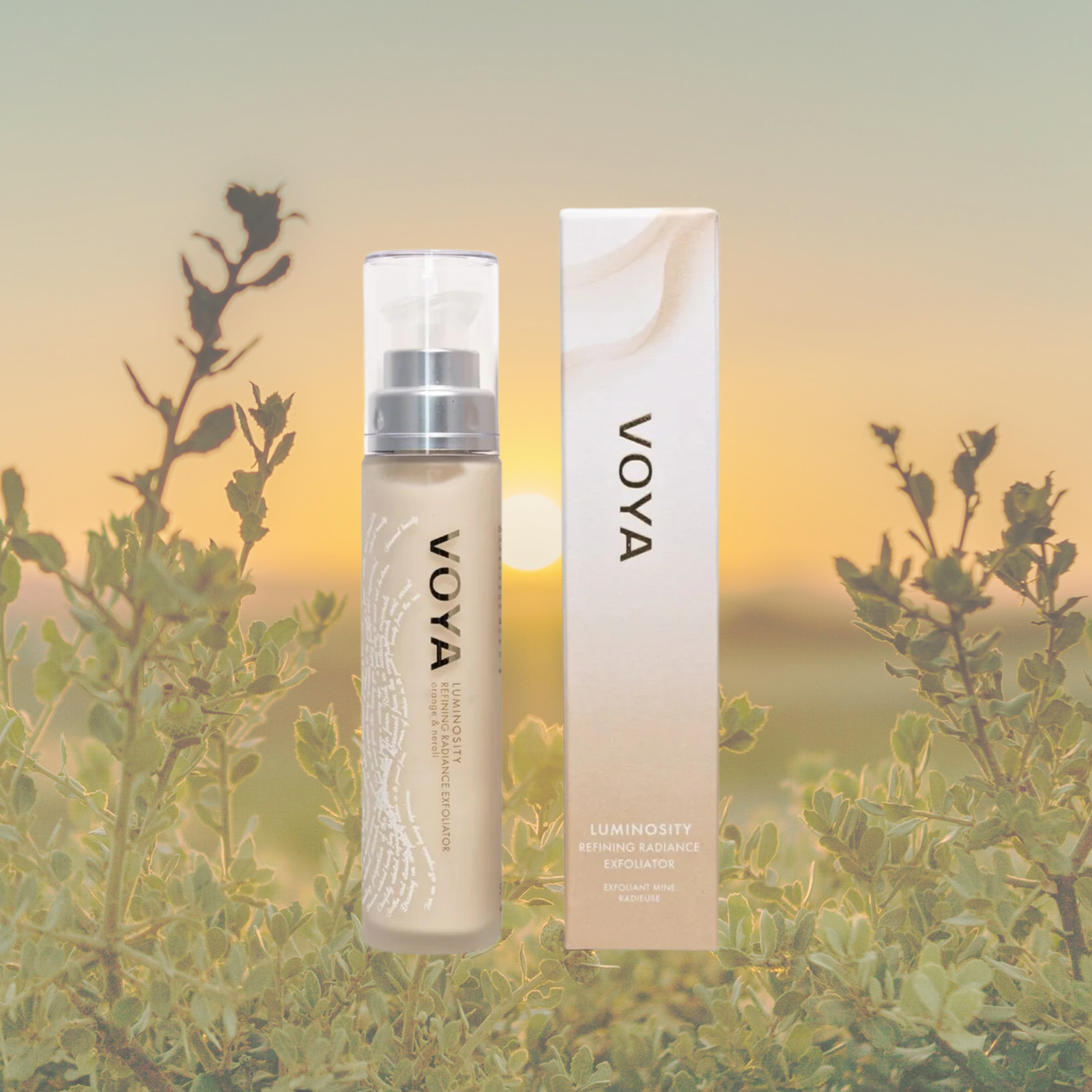 VOYA Luminosity Refining Radiance Exfoliator in glass bottle with pump and clear plastic lid