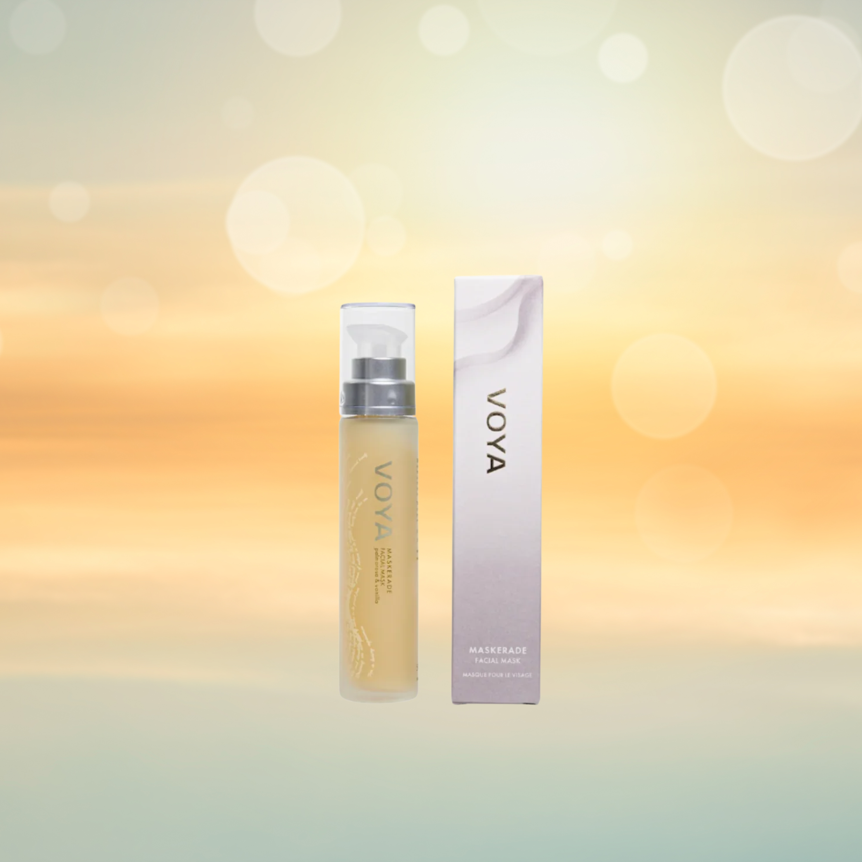 Voya Maskerade Soothing Facial Mask in glass pump bottle with clear lid, hydrating, tightening and brightening