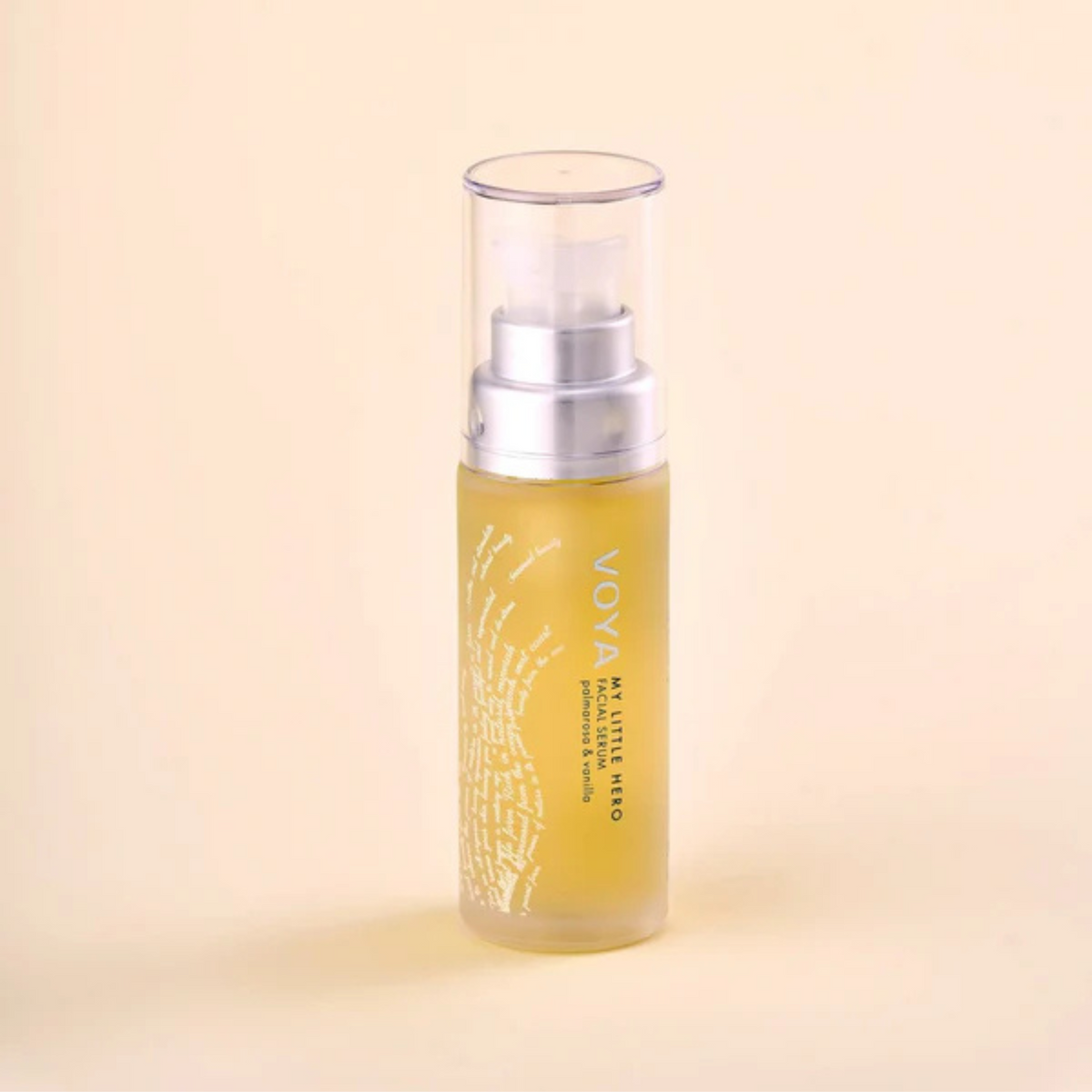 Voya My Little Hero Facial Serum in glass bottle with pump and clear plastic lid