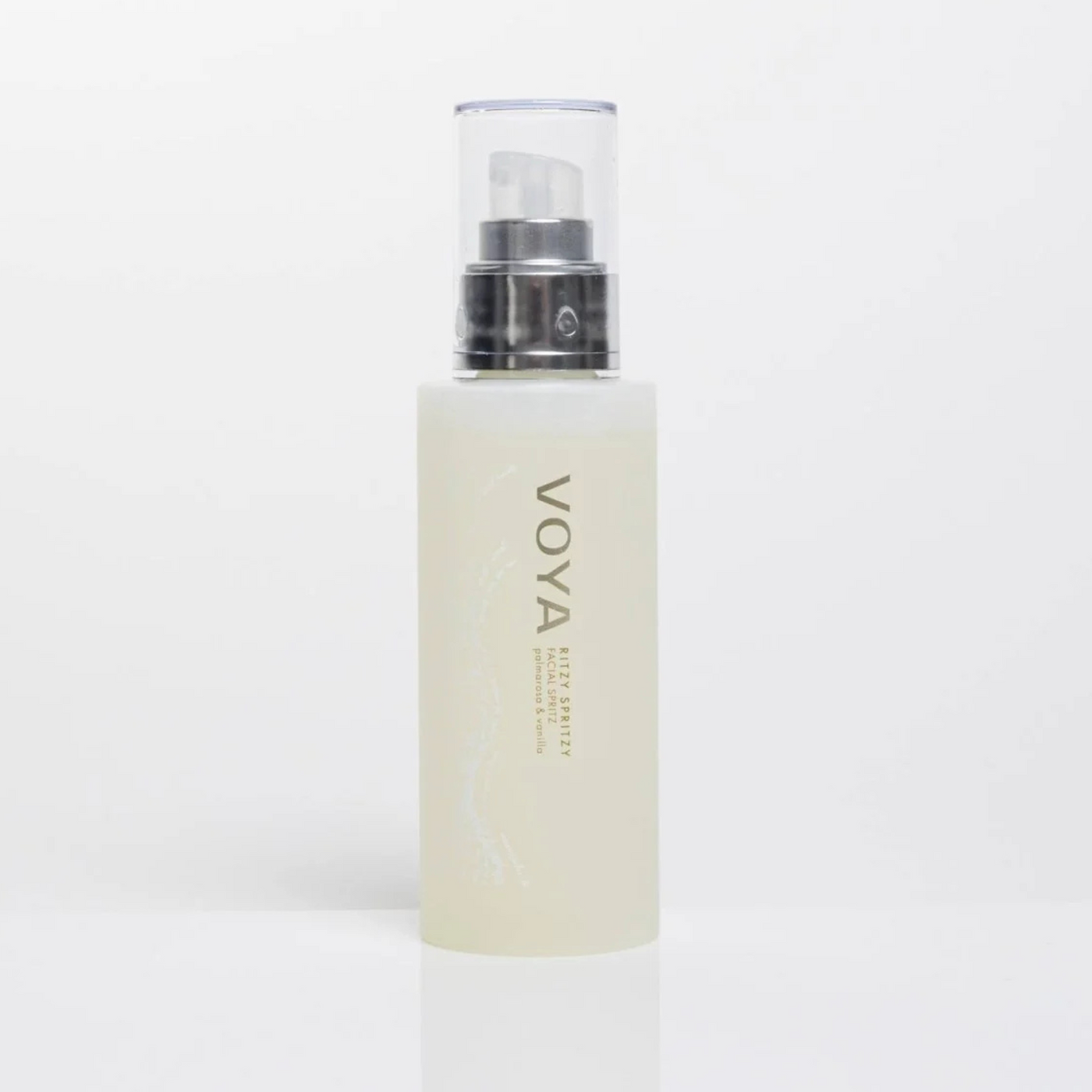 Skincare bottle with 'VOYA' branding on a white background