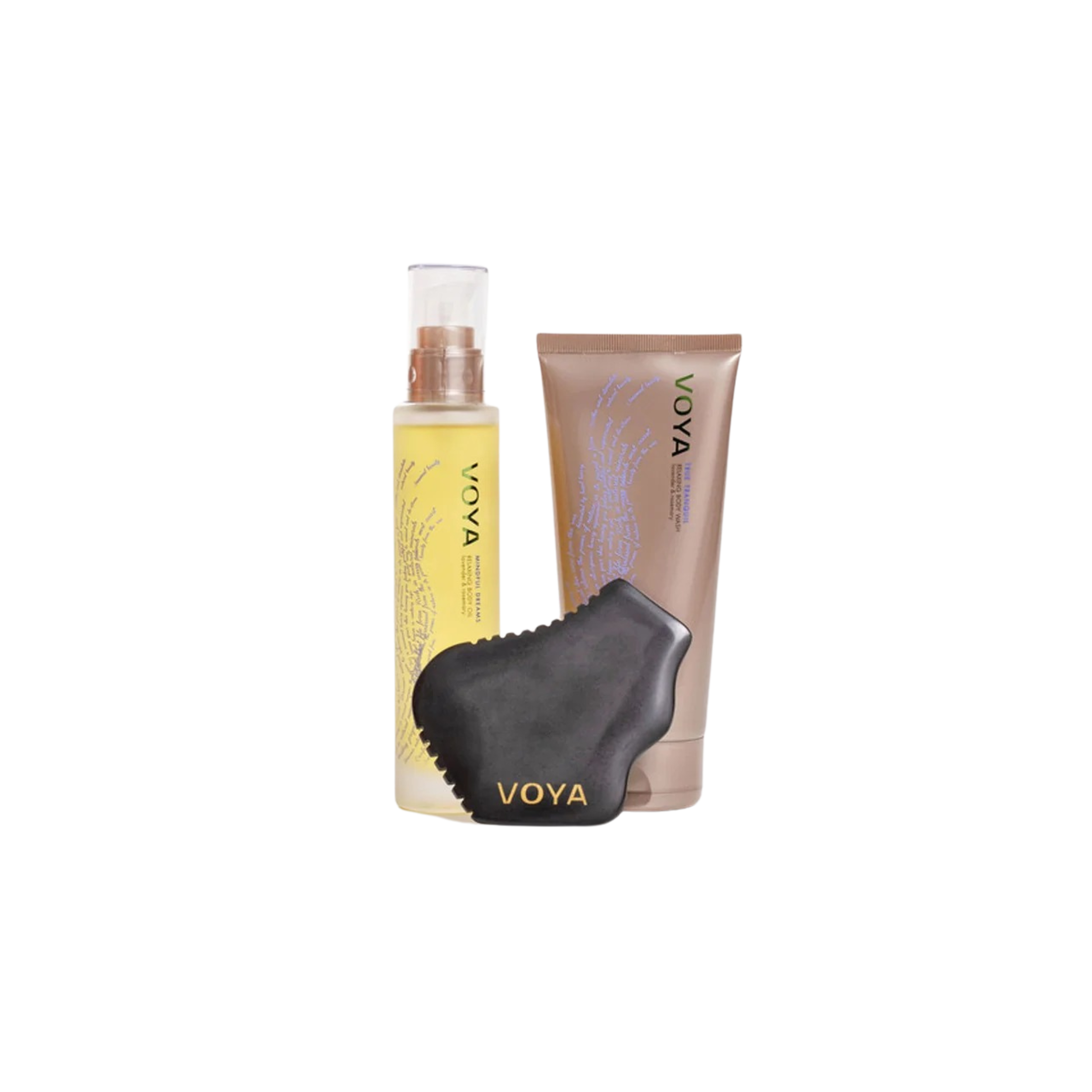 VOYA Land of Inner Strength Gift Set out of box - True Tranquil Relaxing Body Wash (200ml), Mindful Dreams Relaxing Body Oil (100ml), Bian Stone Body Gua Sha