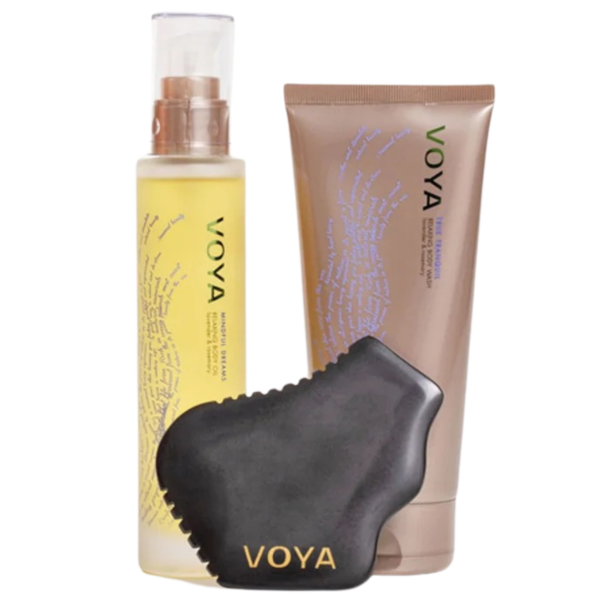 VOYA Land of Inner Strength Gift Set out of box - True Tranquil Relaxing Body Wash (200ml), Mindful Dreams Relaxing Body Oil (100ml), Bian Stone Body Gua Sha