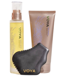 VOYA Land of Inner Strength Gift Set out of box - True Tranquil Relaxing Body Wash (200ml), Mindful Dreams Relaxing Body Oil (100ml), Bian Stone Body Gua Sha