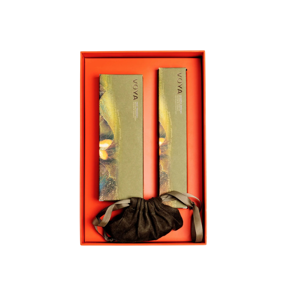VOYA Land of Inner Strength Gift Set box - True Tranquil Relaxing Body Wash (200ml), Mindful Dreams Relaxing Body Oil (100ml), Bian Stone Body Gua Sha