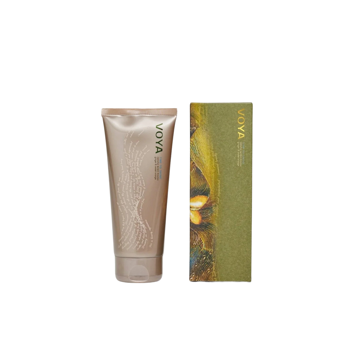 Voya Time To Shine Gentle Body Polish in gold tube packaging next to it 