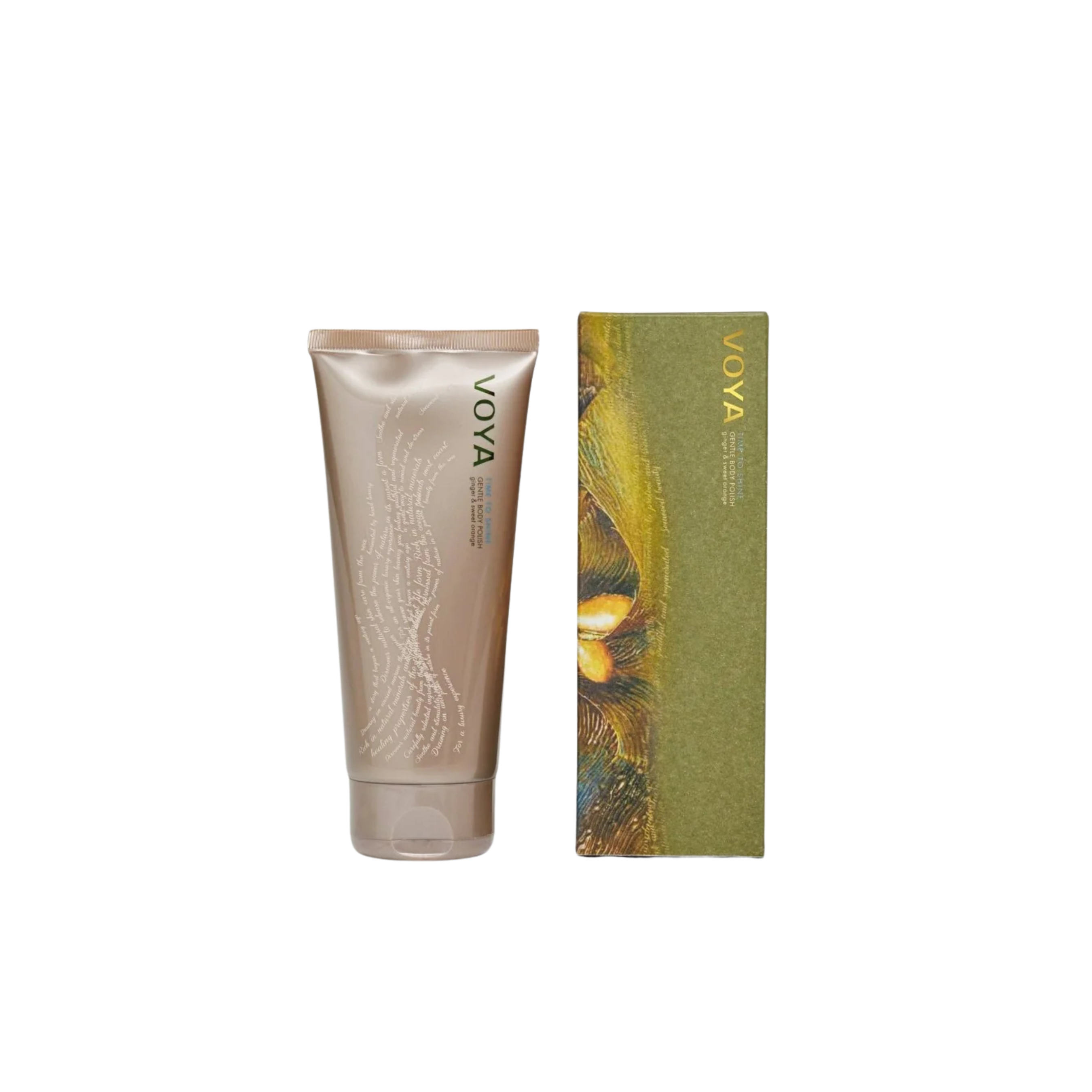 Voya Time To Shine Gentle Body Polish in gold tube packaging next to it 