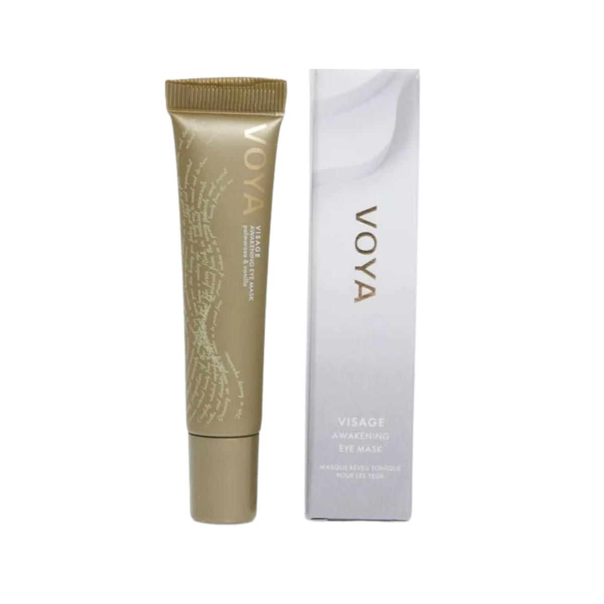 Voya Visage Awakening Eye Mask in gold tube packaging next to its box