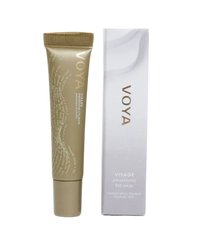 Voya Visage Awakening Eye Mask in gold tube packaging next to its box