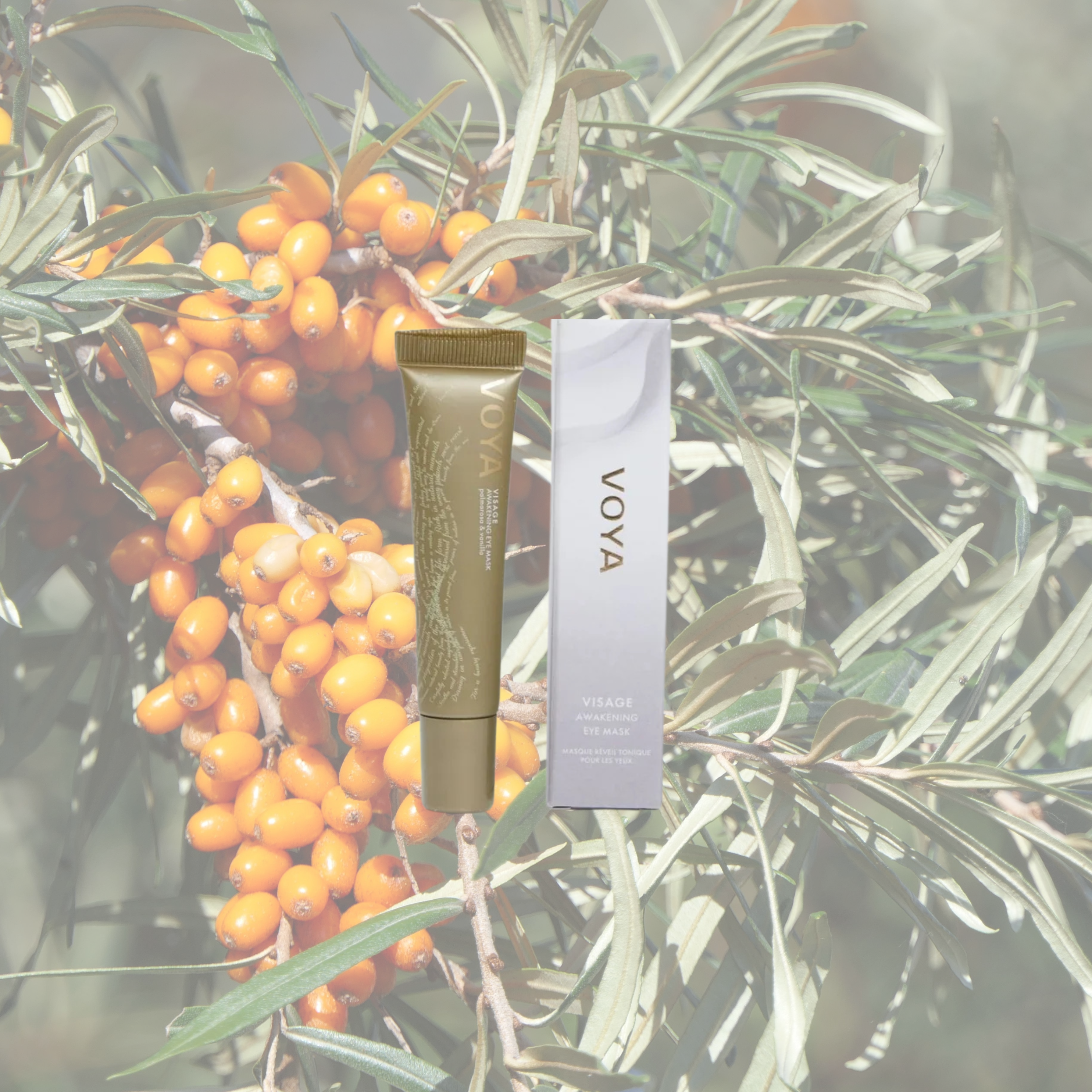 Voya Visage Awakening Eye Mask in gold tube packaging next to its box