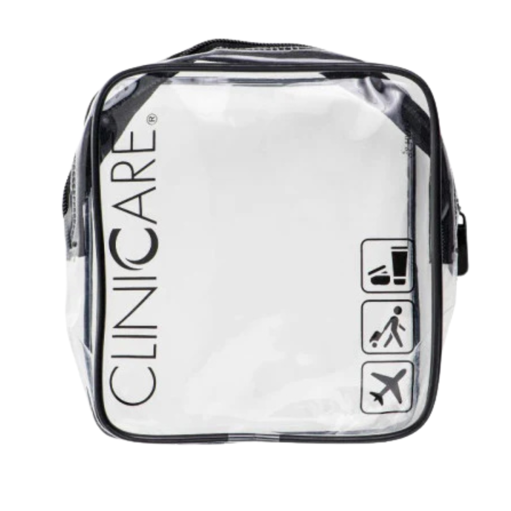 ClinicCare clear travel toiletry bag with black zip and travel icons on white background